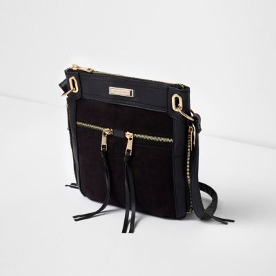 Black zip front mini messenger bag